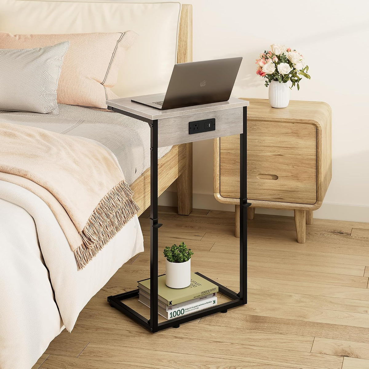 C Shaped End Tables Set of 2 with Charging Station, 33.2'' Tall C Table Adjustable Height Side Table, Small Side Table for Small Spaces, Couch Sofa Table TV Tray for Living Room, Greige - Image 7