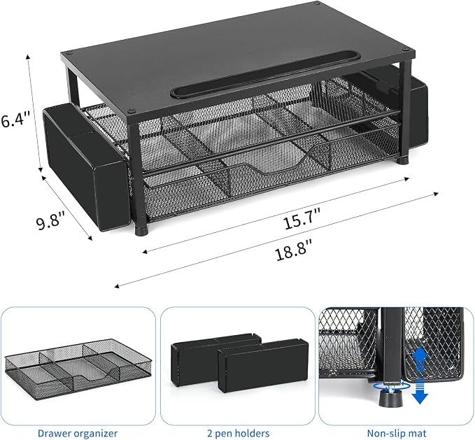 AUPSEN Wood Computer Monitor Stand Riser, 2-Tier Black Desk Organizer with Drawer, Pen Storage & Phone Holder ，Office Desk Accessories Desktop Organizer for Office Supplies (Black) - Image 7