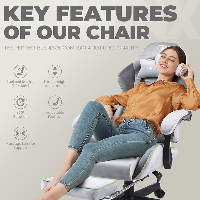Dowinx Gaming Chair Fabric with Pocket Spring Cushion, Massage Game Chair Cloth with Headrest, Ergonomic Computer Chair with Footrest 290LBS, Light Grey - Image 8