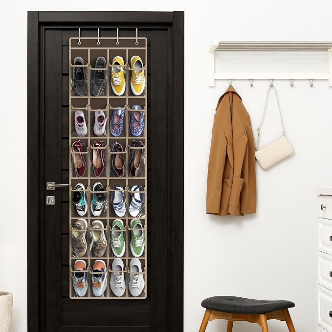 Simple Houseware 24 Pockets Clear Over the Door Shoe Organizer, Brown | 64" x 19", 4 Durable Metal Hooks, 4.3" x 9.5" Pocket Size, Multipurpose - Image 6