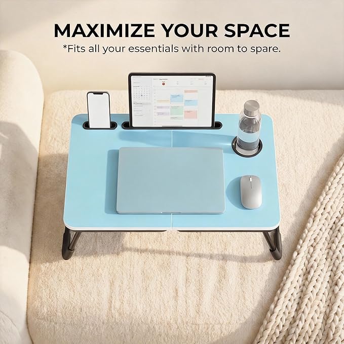BUYIFY 23.4" Foldable Lap Desk Bed Table with Cup Holder Tray Blue | Portable Folds Flat for Easy Storage, No Assembly Laptop Bed Desk, Sturdy and Lightweight, Patent Design - Image 3