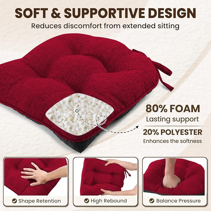 downluxe Indoor Chair Cushions for Dining Chairs, Tufted Overstuffed Textured Kitchen Chair Pads with Ties and Non-Slip Backing, 15.5" x 15.5" x 4", Red, 6 Pack - Image 3