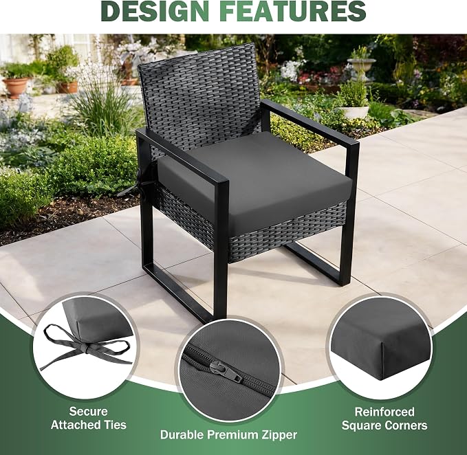 Outdoor Chair Cushions Set of 2, 22x22x3 Inch Waterproof & Fade Resistant Patio Furniture Seat Cushions with Ties, Square Outdoor Dining Chair Cushions for Lawn, Garden, Deck & Yard, Dark Grey - Image 4