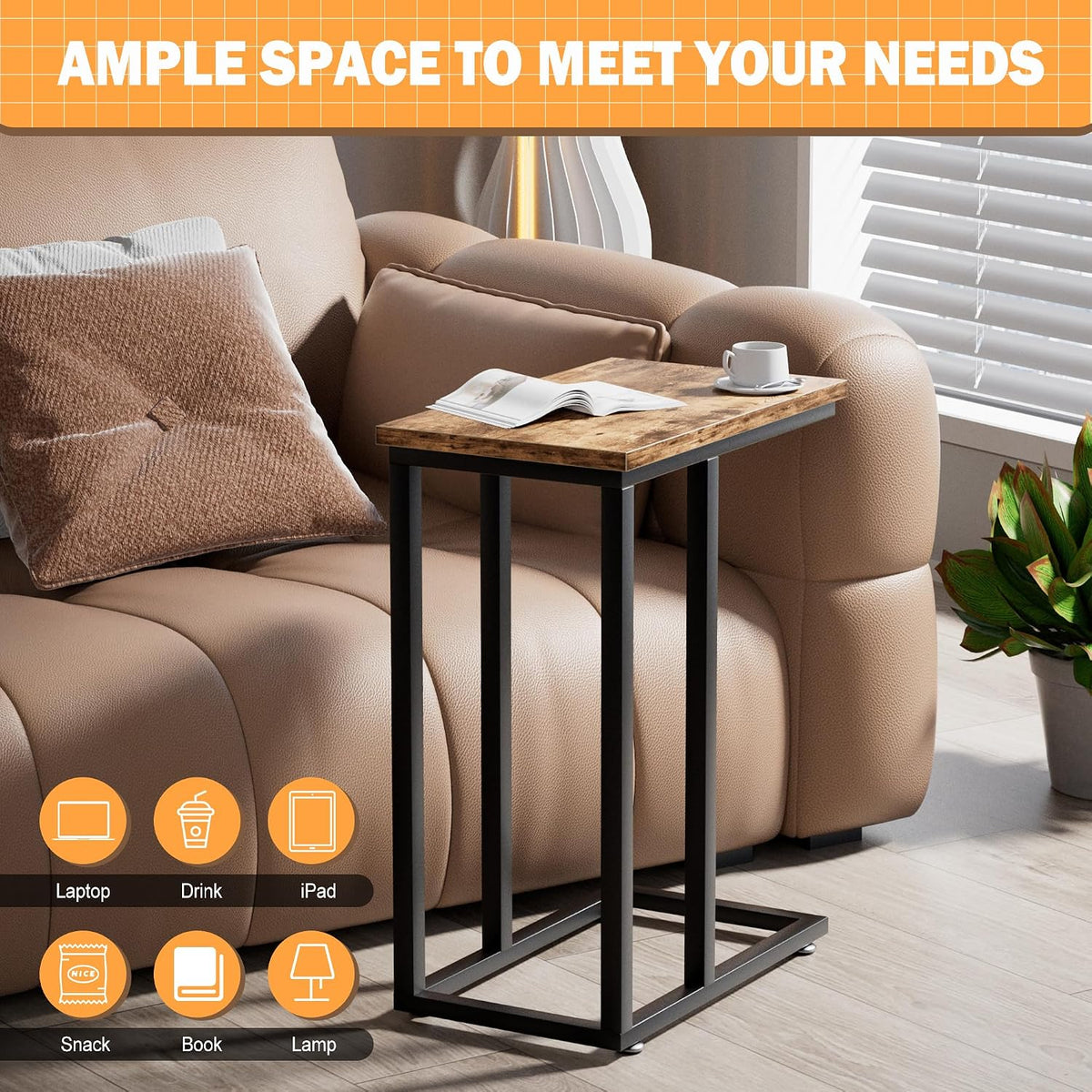 VECELO Universal C-Shaped Side Table, Multi-Functional Snack & TV Tray for Living Room, Bedroom, Grey (1 Set) - Image 5
