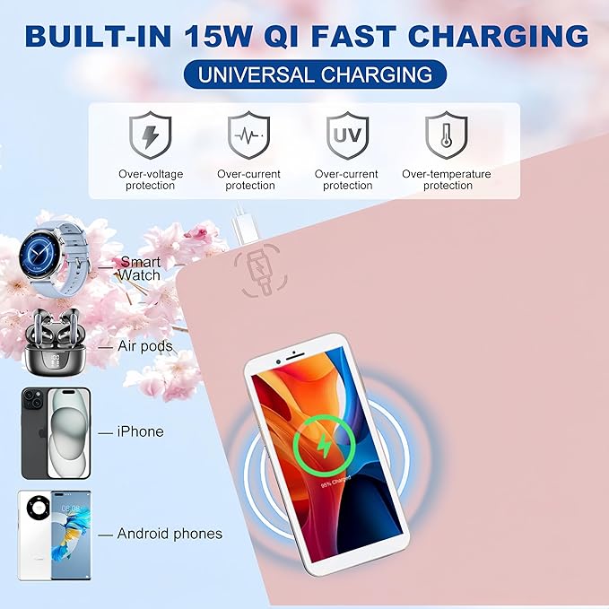 Desk Mat with Wireless Charging, Pink Mouse Pad with Wireless Charger, Desk Pad Matt for Desktop, Mousepad Gaming Large Mouse Pad, Leather Compute for Keyboard and Mouse, 32" x 16" - Image 2