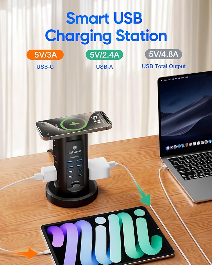 Power Strip Tower, kakyanill Charging Station 9 AC Outlets 8 USB Ports | 6 Ft Retractable Extension Cord, 15W Wireless Charger, Black - Image 5