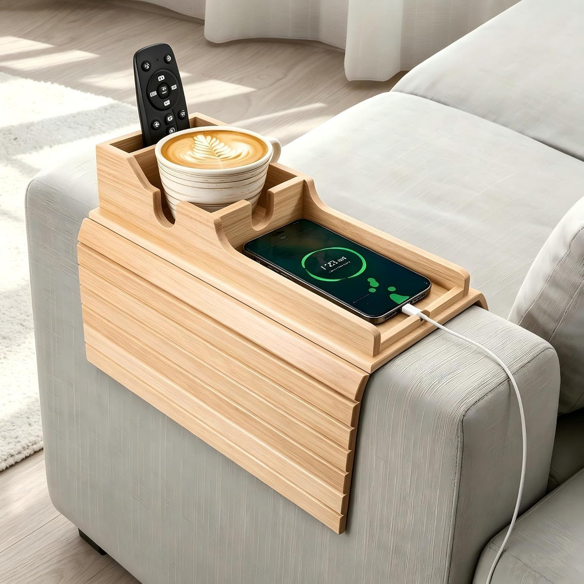 Yoshiky Bamboo Couch Armrest Table, Couch Arm Tray with Removable Couch Cup Holder, 2 in 1 Design Foldable Anti-Slip Bamboo Couch Tray and Sofa Cup Holder for Drink - Image 7