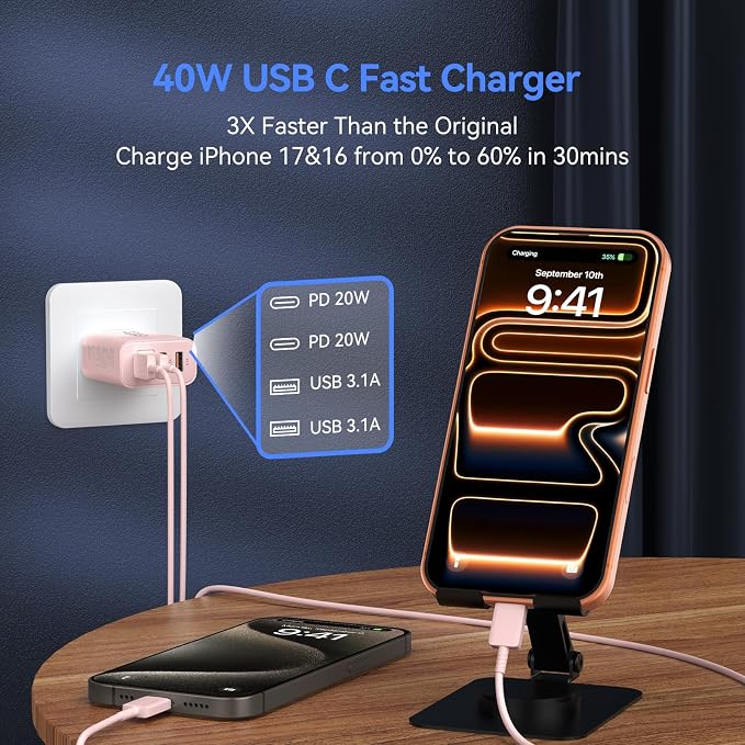 USB C Wall Fast Charger Block, 40W 4-Port Type C Chargers Fast Charging Blocks PD Power Charger Adapter+QC 3.0 USB Multiport Charger Brick for Phone 17/16/15/14/13/12 Pro Max, i-Pad, Galaxy S25-2Pack - Image 2
