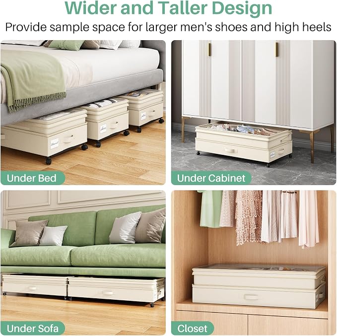 Kitstorack 2Pack Height-adjustable Under Bed Storage with Wheels, Under Bed Storage Containers,Under Bed Shoe Storage Organizer with Clear Window&Label, Suitable for Clothes Storage, Beige - Image 7