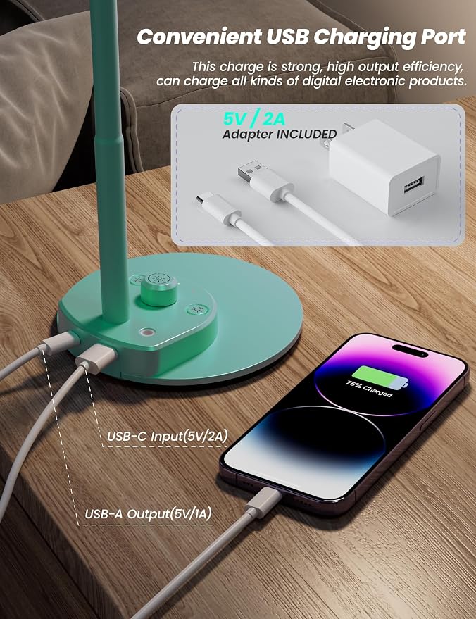 BOHON LED Desk Lamp with USB Charging Port, 3 Color Modes Dimmable, Teal | Reading Lamp, Auto Dimming Task Lamp, Flexible Neck Table Light for Office Dorm Bedside, Adapter Include - Image 4