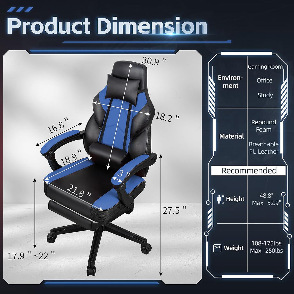 Gaming Chairs for Adults, Computer Chair with Footrest and Ergonomic High Back, Big and Tall Gamer Chairs with Massage Lumbar Support, 360° Swivel Height Adjustable Gaming Chair, Blue - Image 3