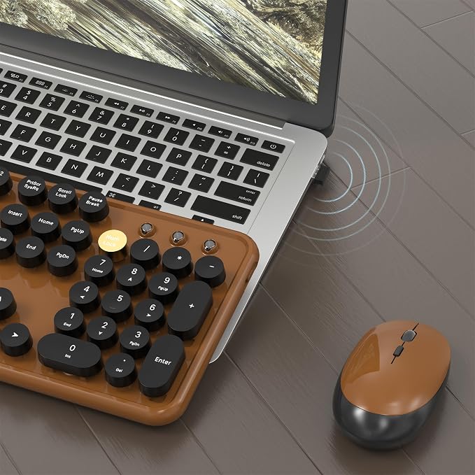 Colorful MPTOG Wireless Computer Keyboard and Mouse Combo (Black-Brown) | Retro Round Typewriter Keycaps, Power Switch, Ergonomic Design, 2.4GHz Wireless for Windows, Mac, PC - Image 4