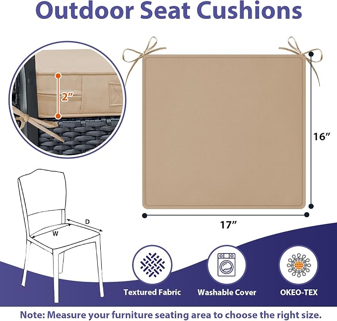 IPYNBAP Outdoor Chair Cushions Set of 4 -Waterproof Outdoor Seat Cushions for Patio Furniture, Patio Chair Cushion with Handle and Ties, Out Door Chair Pads,17x16x2-Square,Beige - Image 6