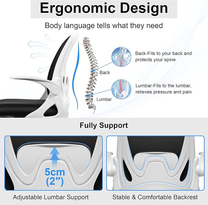 Drafting Chair Tall Office Chair with Flip-up Armrests, Adjustable Height, and Enhanced Lumbar Support - Ergonomic Rolling Stool, Back Support, and Adjustable Foot Rest Ring for Standing Desk White - Image 3