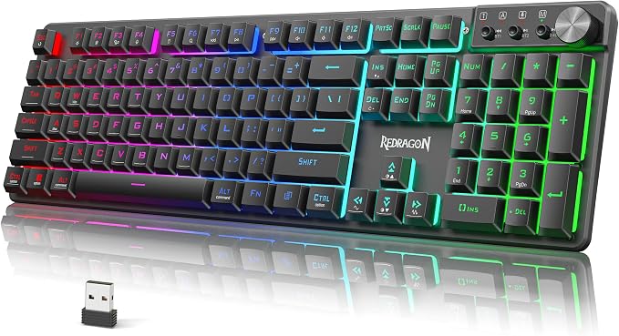 Redragon K521WL Wireless Gaming Keyboard with Knob, Tri-Mode BT/2.4G/USB-C RGB Mechanical Feeling Keyboard with Multimedia Keys, 4000mAh Battery, Anti-Ghosting, Compatible with PC - Upgrade by REDRAGON