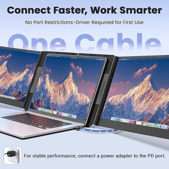 One Cable Laptop Screen Extender, 15.6” Ultra-Slim Triple Portable Monitor, 1080P FHD IPS Display, USB-C/A Connection, Travel Monitor for 13–17.3" Laptops, for Mac/Win/Android (Driver Required) - Image 3