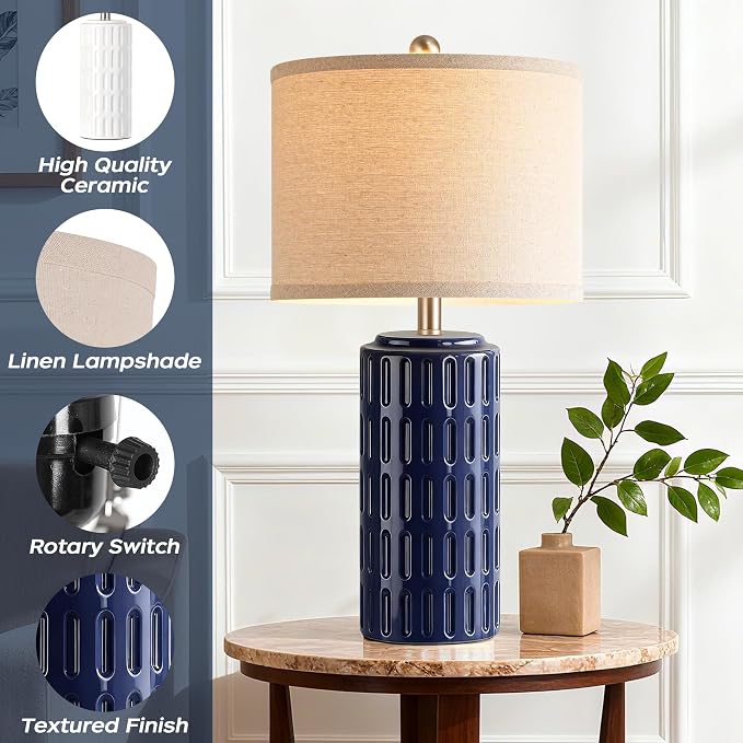 23" Farmhouse Modern Ceramic Table Lamp Set of 2 - Navy Blue Bedside Lamps for Bedroom & Living Room, Nightstand, Desk, End Table - Image 4