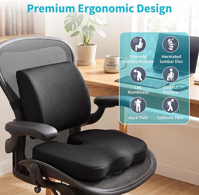 Ergonomic Seat Cushion & Lumbar Support Pillow Set for Office Chair | Memory Foam Car Seat Cushions, Chair Cushions relieves tailbone pain & lower back pressure for gaming chairs, Wheelchair - Image 3