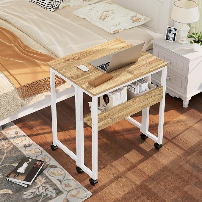 GreenForest Folding Desk with Wheels, 31.5" Rolling Table for Small Spaces | Storage Shelf, Lockable Casters, Compact Portable Workstation, Space-Saving Foldable Sofa Table, Home Office, Mobile, Oak - Image 2