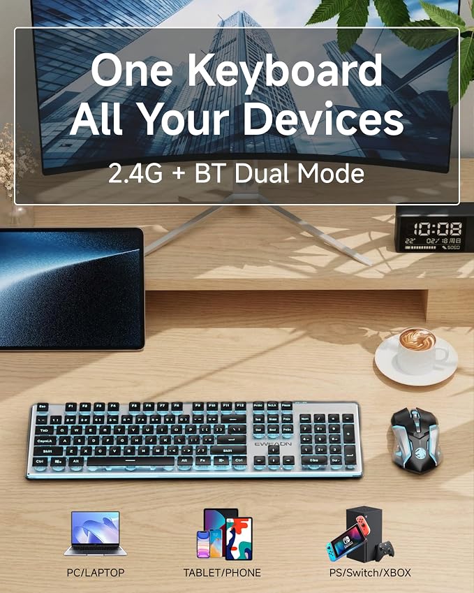 Wireless Keyboard and Mouse Combo with White Backlit Pudding Keycaps, Bluetooth & 2.4G, 2000mAh Rechargeable, Full Size, Metal Panel Quiet Computer Keyboard Set for Windows PC Desktop - Black - Image 3