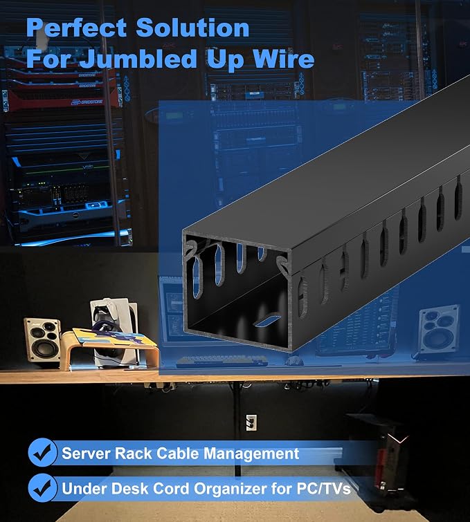 1.4"H x 1.6"W Cable Raceway, 12ft Under Desk Wire Management Channel, Black | Slotted Wire Duct, 4 Pack (3 ft Each), Heavy-Duty PVC Cable Management for Server Racks, Network Cables & Electrical Cabinets - Image 5