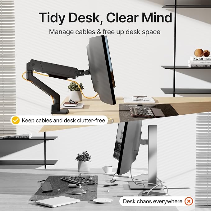 monTEK Single Monitor Arm for Max 45 Inch Ultrawide Screens, Holds 35 Lbs | Adjustable Monitor Desk Mount with C Clamp/Grommet Desk Mount, Cable Management, VESA 75/100mm, Black - Image 5