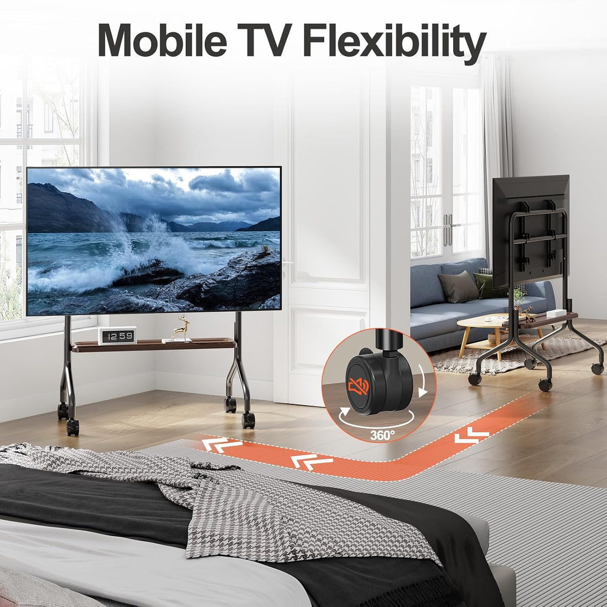 Easel Rolling TV Stand on Wheels for 32-75 Inch TVs with Storage Shelves - Image 2