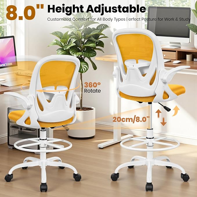 Drafting Chair Tall Office Chair with Flip-up Armrests Executive Ergonomic Computer Standing Desk Chair with Lumbar Support and Adjustable Footrest Ring (Mustard) - Image 8