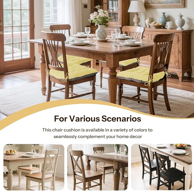 Chair Cushions for Dining Chairs Set of 2, 18"x18"x3", Yellow | Non-Slip with Ties, Tufted, Faux Linen, Seat Cushions for Dining Room Kitchen Breakfast Nook Indoor Home Office Living Room - Image 5