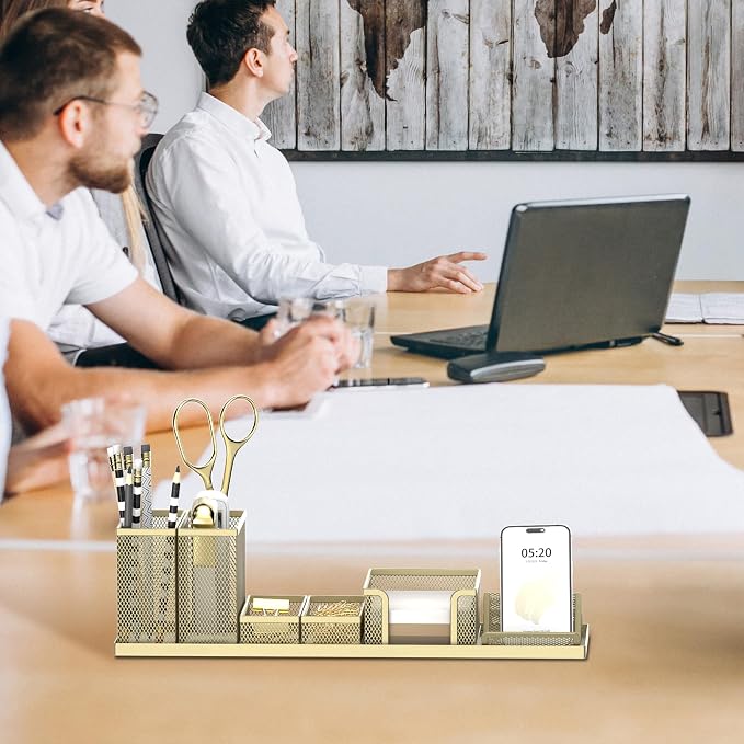 Pen Holder for Desk, 6-Piece Mesh Desk Organizer with Phone Holder, Gold | 6-Piece Black Mesh Desk Set Includes Pen Cups, a Sticky Note Caddy and Phone Holder for Office, School, Home - Image 6