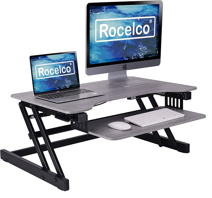 Rocelco 32" Height Adjustable Standing Desk Converter - Quick Sit Stand Up Dual Monitor Riser - Gas Spring Assist Tabletop Computer Workstation - Large Retractable Keyboard Tray - Grey (R ADRG) by Rocelco