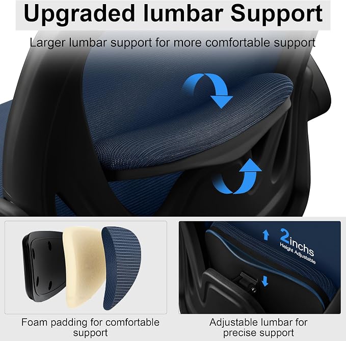 Drafting Chair Tall Office Chair with Flip-up Armrests, Adjustable Height, Enhanced Lumbar Support Ergonomic Rolling Stool, Back Support, Adjustable Foot Rest Ring for Standing Desk Navy - Image 7
