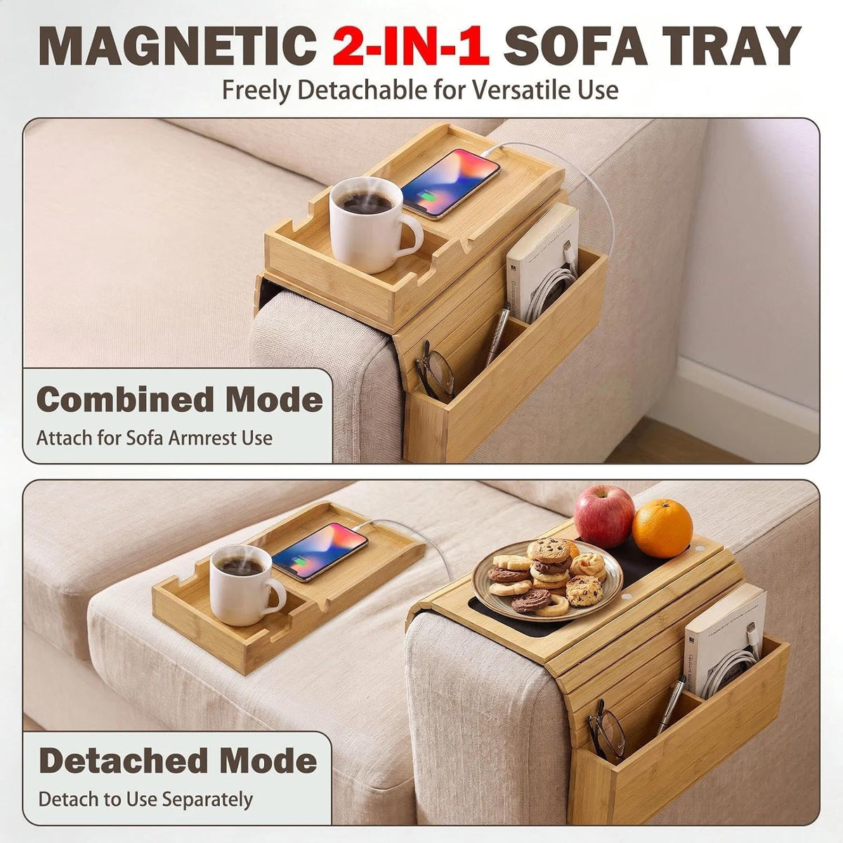 Magnetic Bamboo Couch Arm Tray with Cup Holder, Fits 6.3"+ Sofa Arms - Image 4