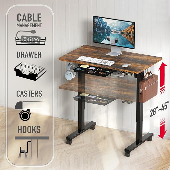 SHW Mobile Electric Height Adjustable Standing Desk w/Drawer, Rustic Brown | 40" Wide Top | w/ Memory Presets and Cable Management | Drawer with adjustable compartments | Hanging Hooks - Image 4