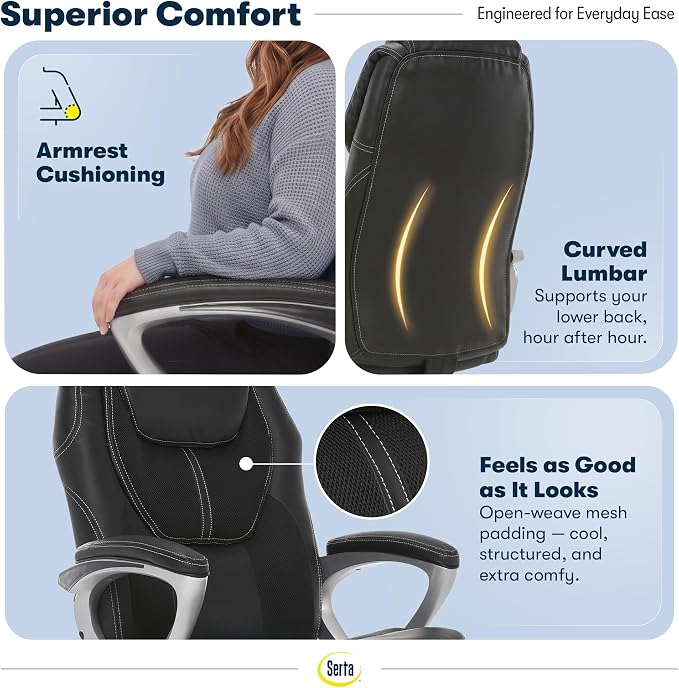 Serta Ergonomic Executive Office Chair, Padded Arms Mesh Back Leather Chair | Amplify, Contoured Lumbar Lower Back Support, Back Pain Relief, Adjustable Height & Tilt, Work From Home Desk Chair, Black - Image 6