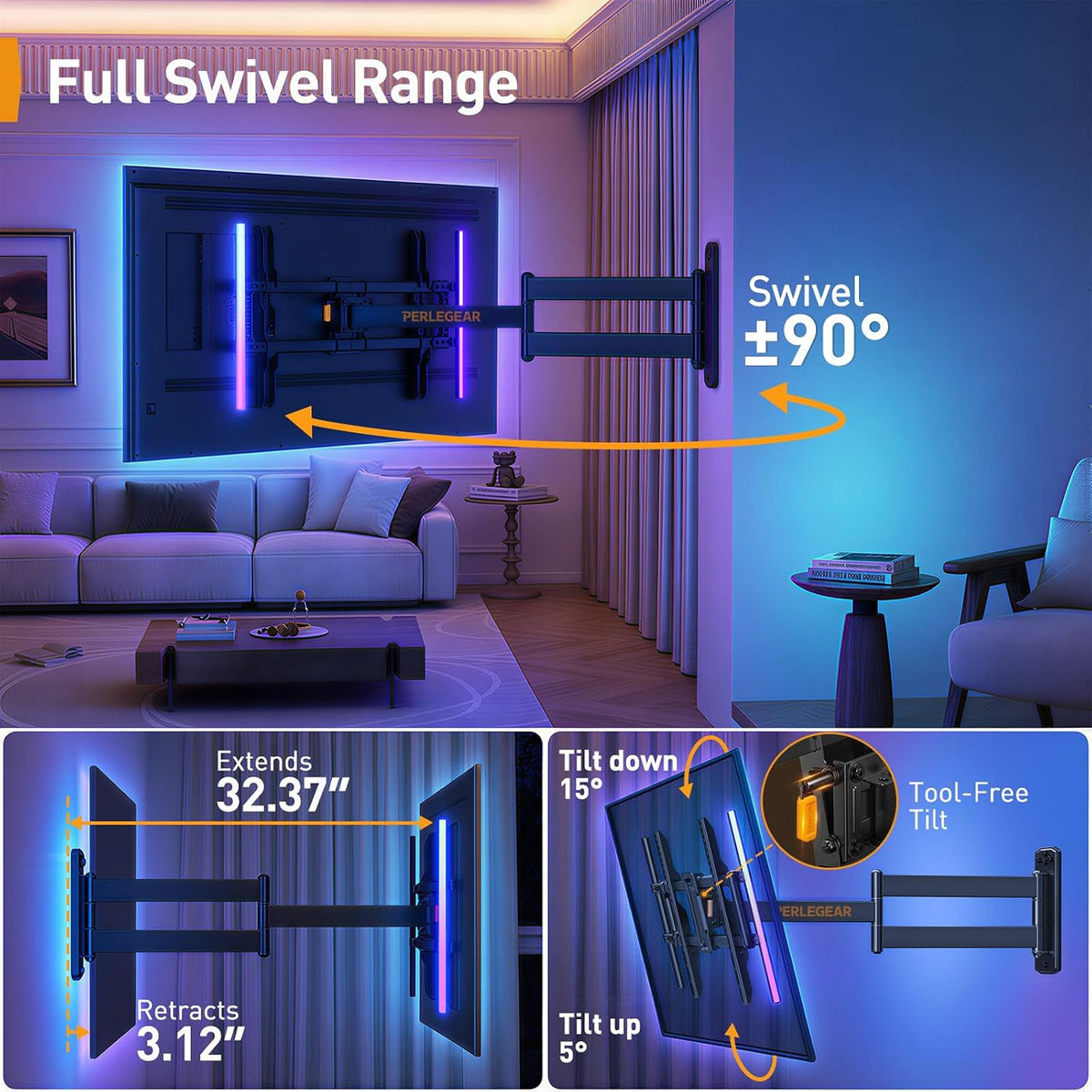 Perlegear Corner TV Wall Mount Long Arm with LED Backlight for 39-75" TVs - Image 5