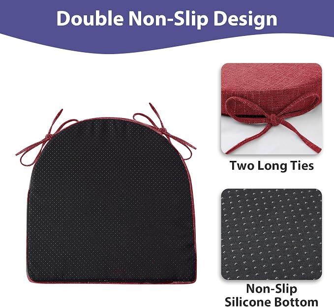 IPYNBAP Chair Cushions for Dining Chairs, Kitchen Chair Cushions, 16'' x 16'' x 2'', Non Slip Indoor Seat Cushions, Chair Pads for Dining Chairs with Ties & Removable Cover, Set of 4, Red - Image 4