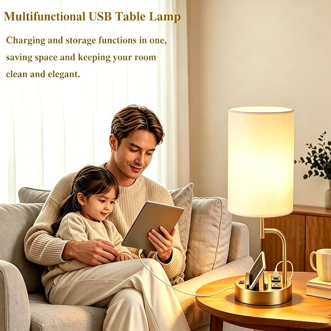 Dreamholder 2 Pack Table Lamp, Bedside Lamp with 3 USB Charging Ports & AC Outlet, USB Desk Lamp with 2 Phone Holders, Linen Fabric Shade Nightstand Lamps for Bedroom Living Room Office, Gold - Image 8
