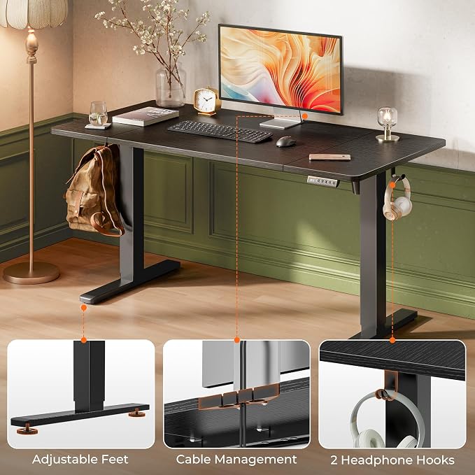 Huuger 55 x 28 Large Electric Standing Desk, Height Adjustable Computer Desk, 27.6" Deep Desktop, Stand up Gaming Office Table with 2 Hooks, 3 Preset Heights, for Home Office, Black, ACD134B - Image 7