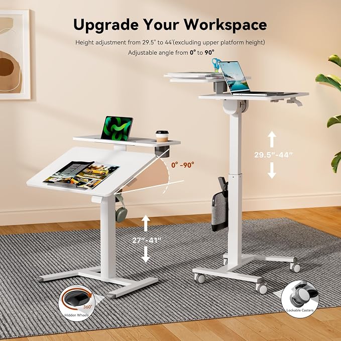 28" Mobile Standing Desk, Tiltable Top with 2-Tier Shelves, White | Pneumatic Rolling Desk, Adjustable Height Computer Workstation, Sit Stand Portable Drafting Table & Laptop Cart on Wheels - Image 3