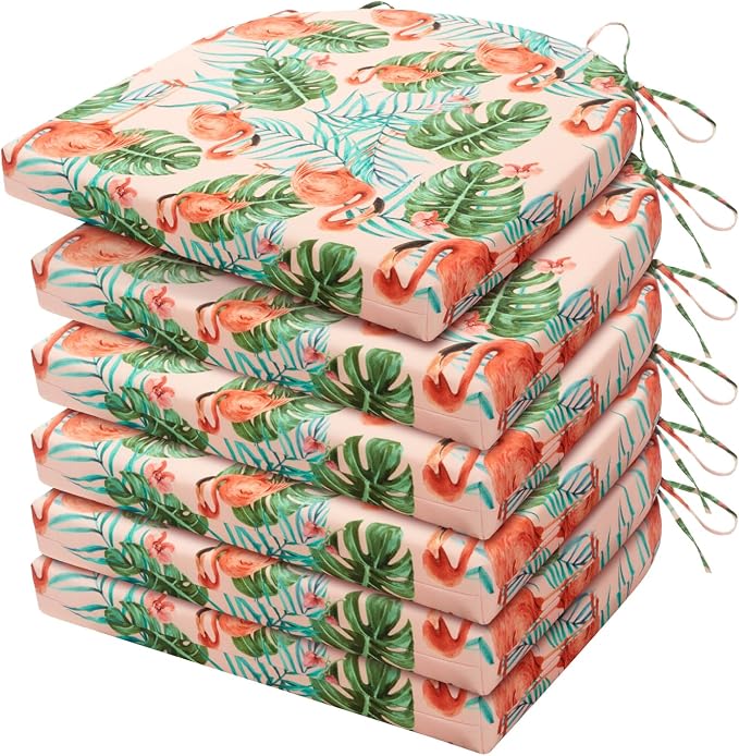 HARBOREST Outdoor Chair Cushions Set of 6, Water Resistant Patio Chair Cushions with Ties, Outdoor Seat Cushions for Patio Furniture, 17"x16"x2", Flamingo by HARBOREST