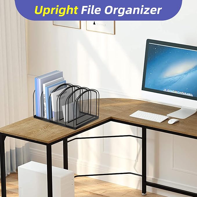 5-Section File Organizer for Desk, Metal File Folder Holder, Black | 5 Vertical Compartments with Sturdy Metal Base for Office Documents Books Magazines and Laptop - Image 5
