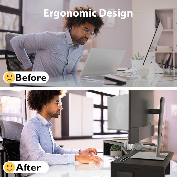 BONTEC Dual Monitor Stand Riser, Adjustable Length & Swivel Angle, Black | Ergonomic Wooden Desktop Organizer with Smartphone Holder, Computer Monitor Stand for PC, Laptop, Printer and Large Storage - Image 4