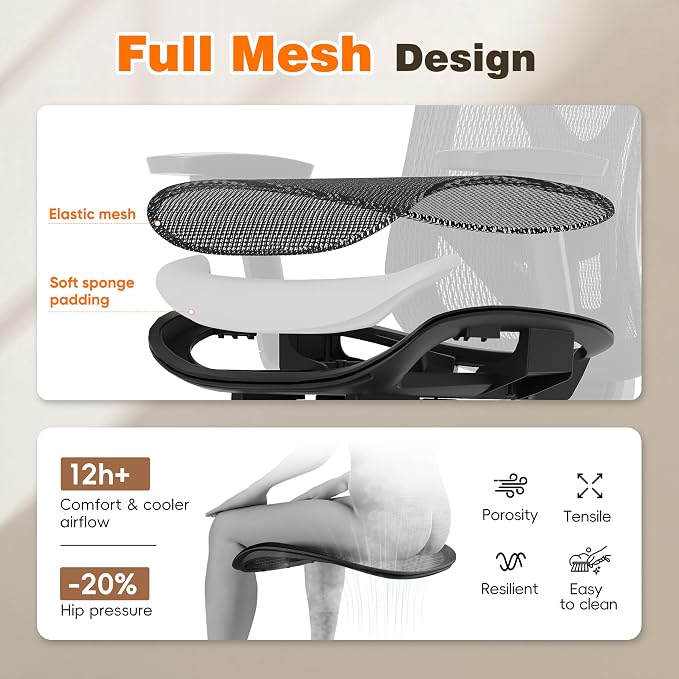 Ergonomic Office Chair with Footrest, 135° Reclining Desk Chair with Adjustable Lumbar Support,3D Armrest,Headrest & Large Steel Base, 300LBS Heavy Duty Mesh Chair - Image 8