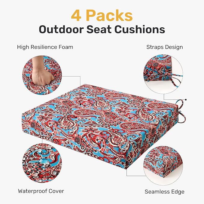 UNIKOME Outdoor Chair Cushions Pack of 4, Water Resistant Patio Cushions with Ties, High Density Sponge Filling Square Corner Seat Cushions for Outdoor Furniture, 18.5"*16"*3", Brown Paisley - Image 2