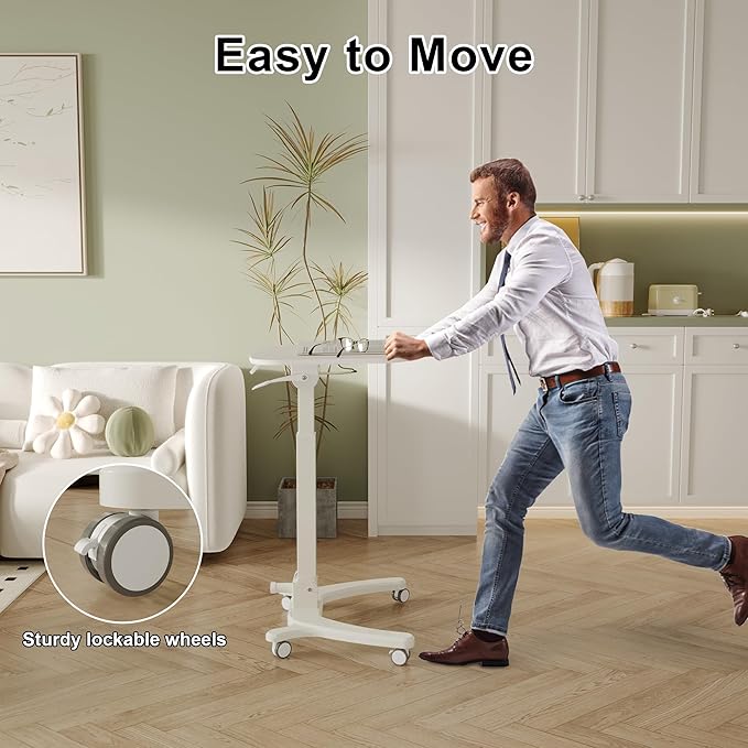 BONTEC Mobile Foldable Standing Desk, Gas Spring, 25.6 x 19.7 Inch, White | Portable Adjustable Height Laptop Table with Wheels, Small Rolling Design for Home, Office, Bedroom and Medical Use - Image 5