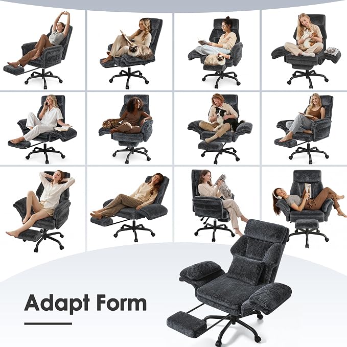 C57 Ergonomic Reclining Office Chair with Footrest, Velvet Desk Chair with 6-Stage Adjustable Wing Armrests for Cross Legged Sitting, Pet Friendly High Back Lounge Gaming Chair for Home Office - Image 3