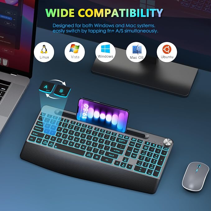 JOYACCESS Ergonomic Wireless Backlit Keyboard with Phone Holder,Rechargeable Wireless Keyboard Mouse Combo with Light Up Keys for for Laptop, PC, Mac, Windows-Grey - Image 6