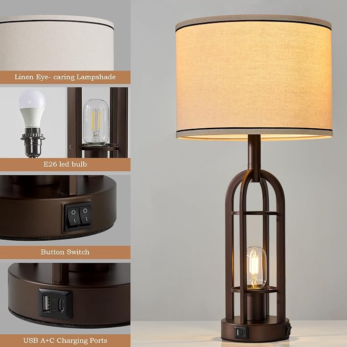 SRJJA Farmhouse Table Lamps for Living Room Bedroom Set of 2 - Rustic Industrial Bedside Lamps for Night Stands with USB A+C, 24" Vintage Nightstand Lamp with Night Light, Bulbs Included - Image 5