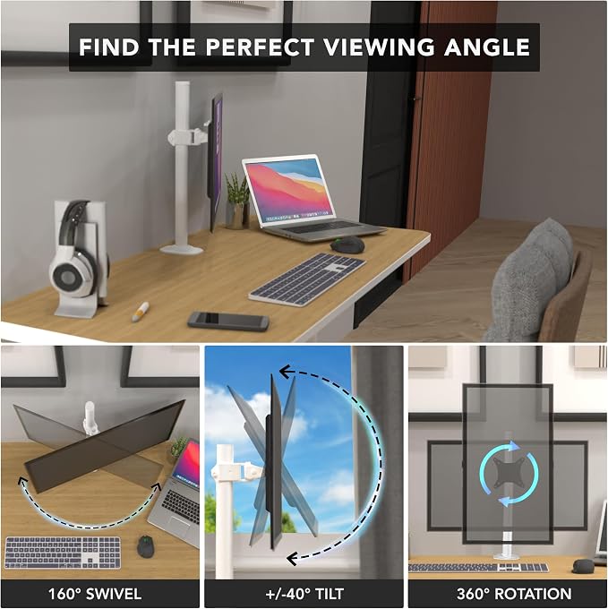 Mount-It! White Single Monitor Stand, Fits up to 32" | Adjustable desk arm holds up to 19.8 lbs, 360 rotation, 160 swivel, 40 tilt, clamp & grommet. - Image 3
